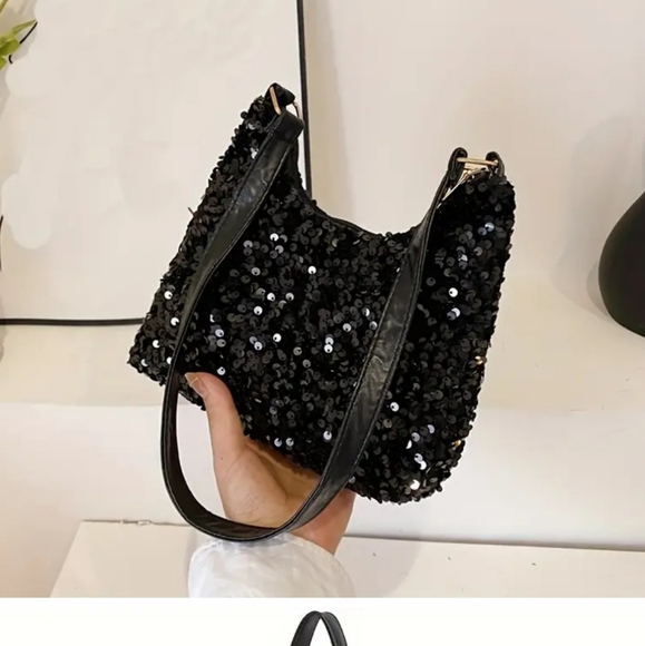 Black Sequin Mini Bag with Curved Silhouette - Picture 5 of 5
